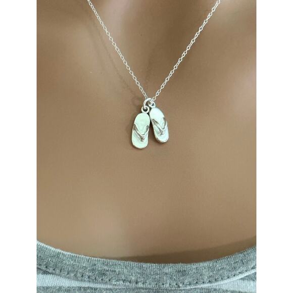 Sterling Silver 3D Flip Flops Charm Necklace, 3D Oxidized Flip Flops Necklace - Picture 1 of 5